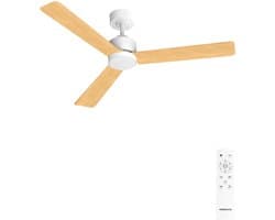 CREATE - Stille plafondventilator 40W met licht - Wit / Licht hout - Ø132cm - Afstandsbediening - WIND MODERN