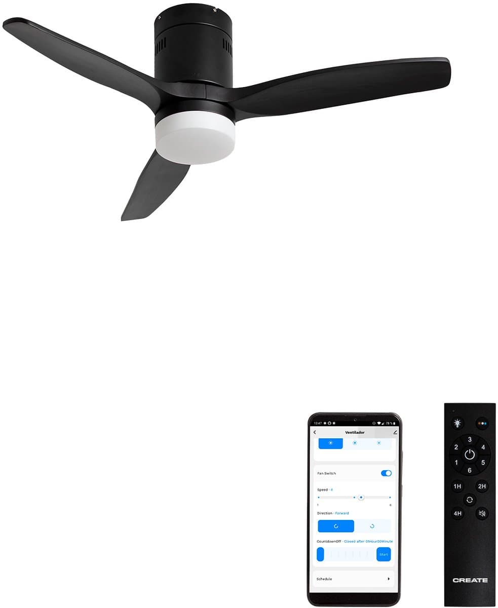 CREATE - Plafondventilator 40W silent 100% hout (Ø132cm) (ruimtes 10m²-25m²) - Zwart - Met licht - WIFI + Afstandsbediening - WIND CALM NATURAL WOOD — afbeelding 1