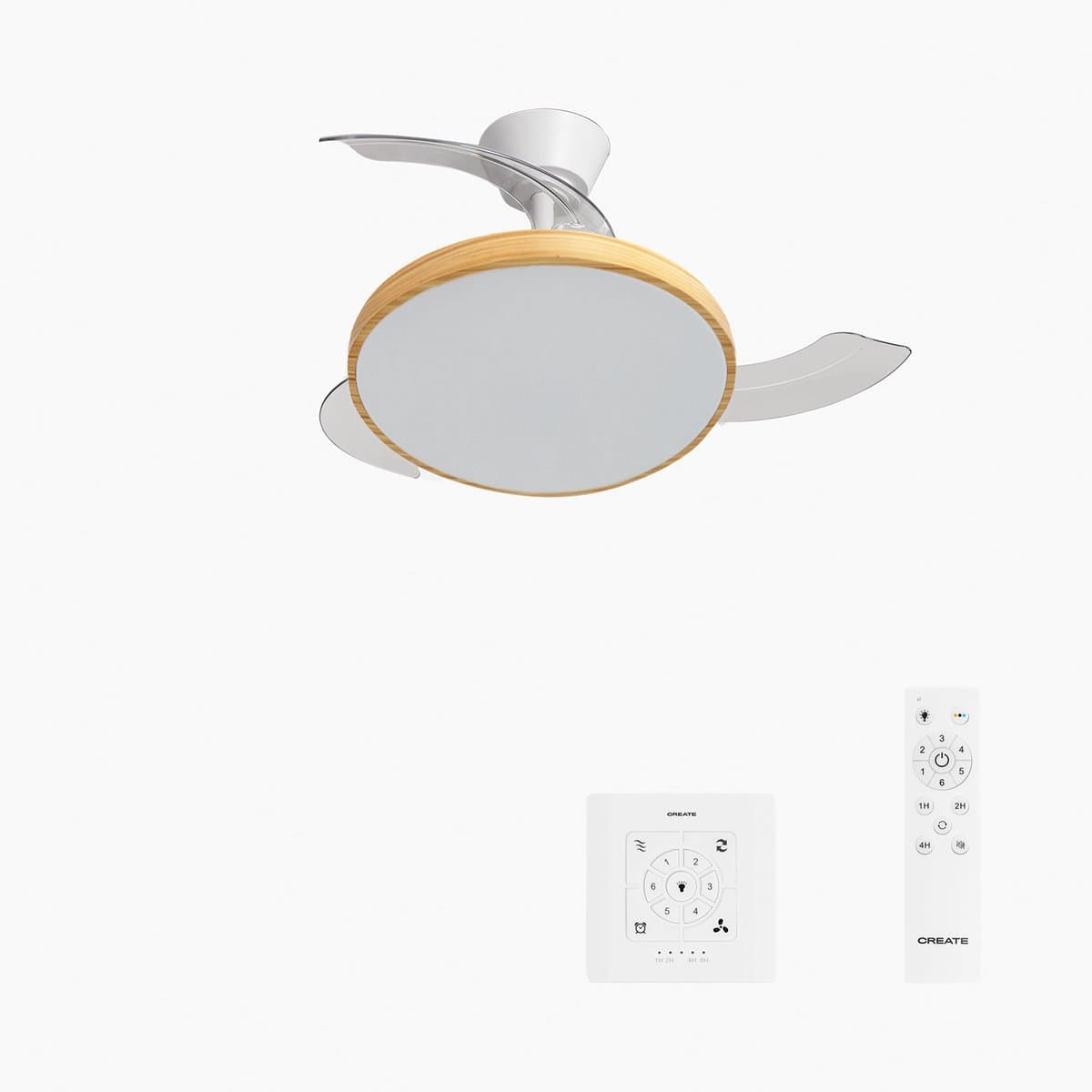 CREATE - Stille plafondventilator met intrekbare bladen (Ø91cm) - Met licht LED - Controller voor wandmontage + Afstandsbediening - 6 snelheden - Programmeerbaar - WIND CLEAR STUDIO — afbeelding 1
