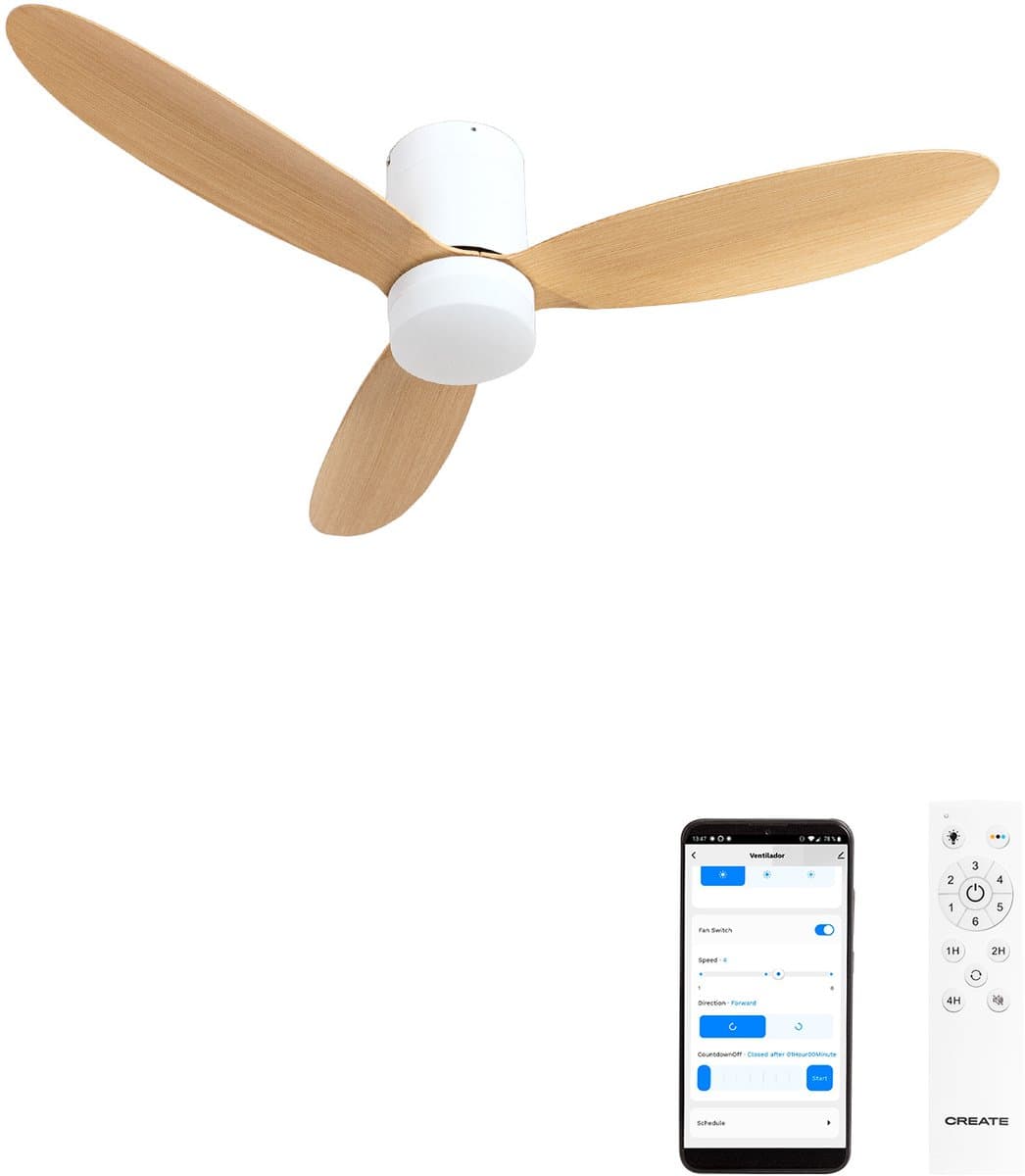 CREATE - 40W stille plafondventilator Ø132 cm - Wit / Licht hout - Met licht - WIFI + Afstandsbediening - WIND LITE — afbeelding 1