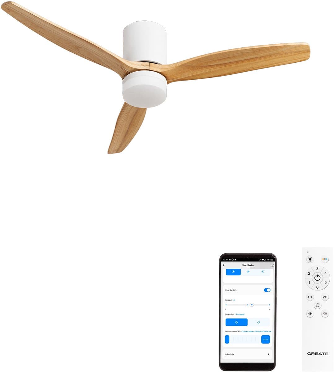 CREATE - Stille plafondventilator 40W Ø132cm 100% hout met aanpasbare gipsen behuizing - Met licht - WIFI + Afstandsbediening - WIND CALM CONCRETE — afbeelding 1
