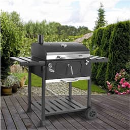 MasterCook Friend Houtskoolgrill met dubbele grill en mandinstelling, BBQ houtskool met deksel, thermometer, inklapbare planken, professionele houtskoolgrill van staal — thumbnail 5