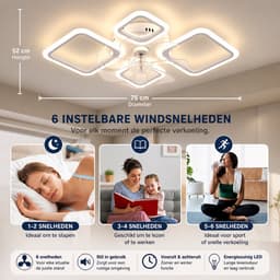 Plafondventilator met LED Verlichting – 65W – Dimbaar (3000K-6000K) – 6 Snelheden – Met Afstandsbediening & App – Stil – Wit — thumbnail 3
