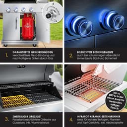 Gasbarbecue 4 Branders met Infrarood Zijbrander 135 x 54 x 87 cm – RVS Buitenkeuken BBQ Grillwagen met Gietijzeren Grillrooster, Thermometer, Piëzo Ontsteking en Wielen – Zilver – HomebyNicole — thumbnail 1