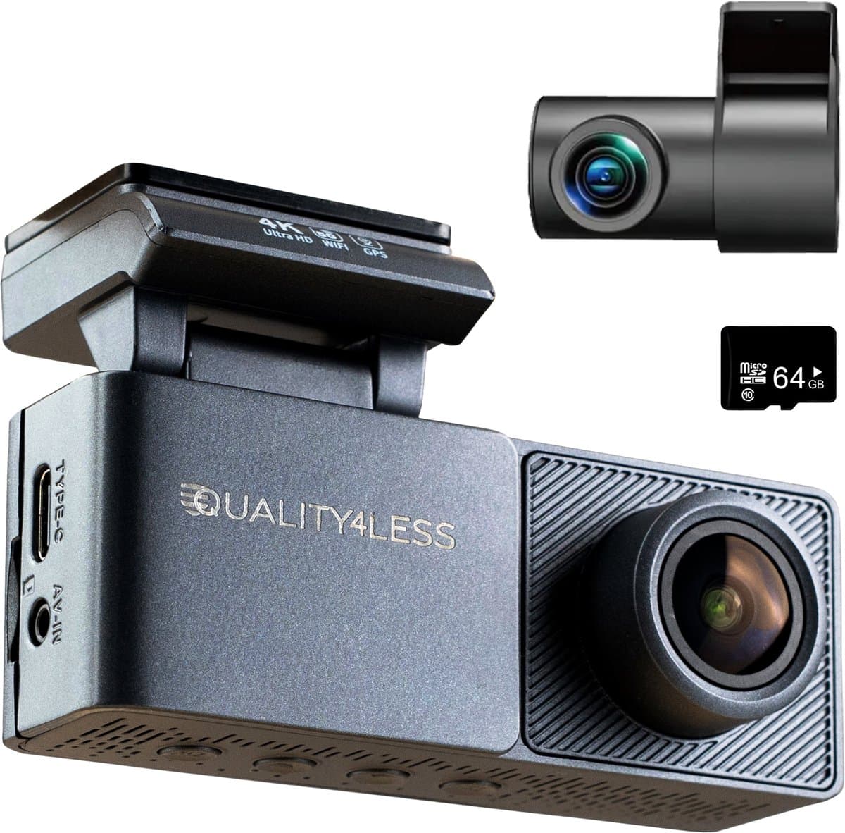 Quality4Less™ - Dashcam voor Auto - 4K Ultra HD - Voor en achter camera - Wifi & GPS - Nachtzicht - Besturing via app - 170 graden kijkhoek - G-sensor - loop recording - Incl. 64GB SD-kaart — afbeelding 1