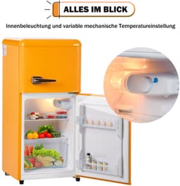 Retro koelkast. Freezer -combinatie. 86,8 cm hoog, 45,5 cm breed, twee dader, met een totaal van 60 liter totaal volume, 22 liter vriezervolume. 102 kWh/jaar, -27 ° C ∽ 13 ° C, LED -licht. Premium gele energieklasse E — thumbnail 5