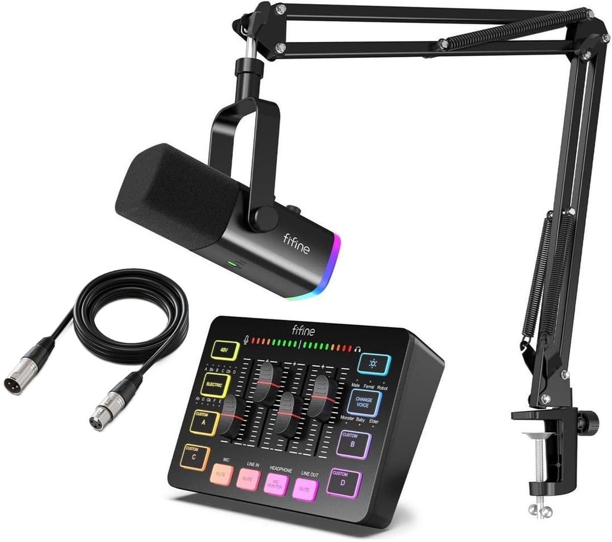 FIFINE - Starterspack 2.0 - AM8T & SC3 - Podcast Starterspack - Gaming Streaming - USB RGB Microfoon met Boom Arm - Streaming Deck - DJ Mixer - Incl XLR Kabel 3M — afbeelding 1