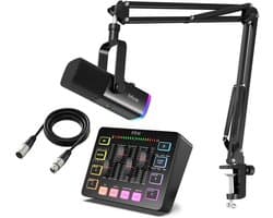 FIFINE - Starterspack 2.0 - AM8T & SC3 - Podcast Starterspack - Gaming Streaming - USB RGB Microfoon met Boom Arm - Streaming Deck - DJ Mixer - Incl XLR Kabel 3M
