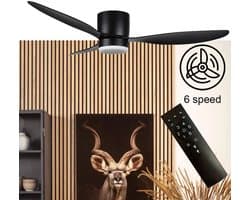 Plafondventilator Brezza Ø 132 cm met verlichting zwart – stille ventilator 2026 – top kwaliteit - energie zuinig – met remote - ventilator voor laag plafond - 6 snelheden - warm wit licht - 3 step DIM systeem - zomer en winter stand