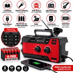 Noodradio - Op Batterijen (INCLUSIEF 16 Pack) - Opwindbaar & Batterij - AAA Batterijen - Zonnepaneel - + Zonne energie + Oplaadbaar - Nood Radio - Noodpakket - Solar - Voor Noodrantsoen - Rampen - Draagbare - FM AM - Aanzwengelen Radio – Rood — thumbnail 3