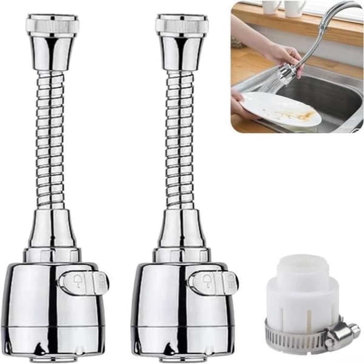 2 stuks keukenkraanverlengers - 2 standen - 360° draaibaar met universele adapter — afbeelding 1