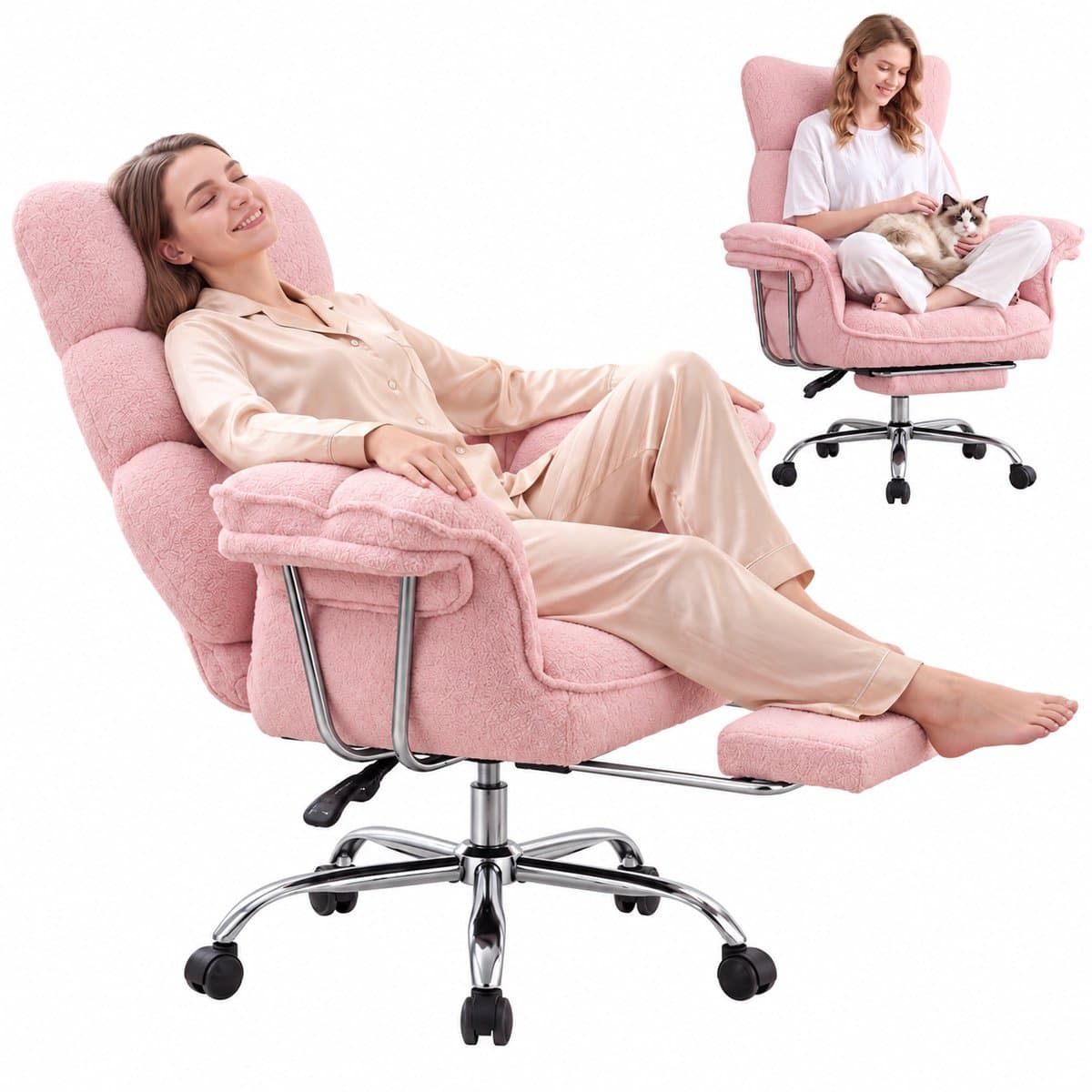 Dowinx Game stoelen - Gamestoel roze - Ergonomische Gamestoel - Grote Bureaustoel - Gamestoel met voetsteun - Verstelbare Gamingstoel - Tot 181 kg - Game bureaustoel chair - Teddy fleece — afbeelding 1