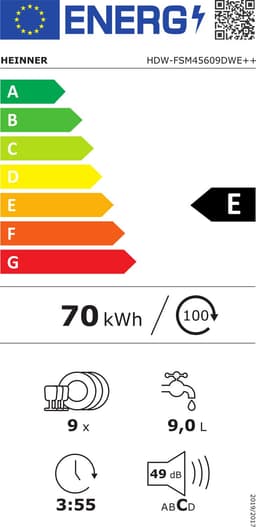Heinner HDW-FSM45609DXE++ Vrijstaande Vaatwasser – 9 Couverts – 6 Programma’s – Digitaal Display – Halve Belading – Extra Drogen – Startuitstel – AquaStop – Kinderslot – 45 cm – Wit – 5 Jaar Garantie — thumbnail 2