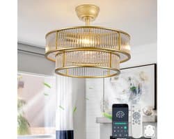 Plafondventilator Met Verlichting – Kristaldesign En Dubbele Bediening – 50 Cm – ABS – Goud – Stil, Timer En Omkeerfunctie