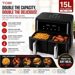 Tobi Dual Zone Airfryer 15L, XXXL 2400W – Olievrije Heteluchtfriteuse met 2 Onafhankelijke Bereidingscompartimenten, Digitaal Touchscreen, Instelbare Temperatuur en Timer, Frituren, Bakken, Braden en Opwarmen — thumbnail 3