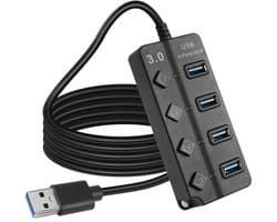 USB 3.0 4-poorts hub met LED-schakelaars - Draagbare poortuitbreider voor pc en apparaten
