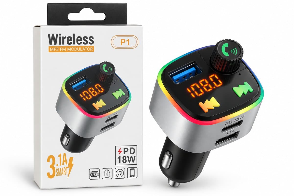 Bluetooth Atlantic FM-transmitter voor auto met handsfree bellen, USB-C PD 18W snelladen, USB-A, EQ/bass en LED-sfeerverlichting. — afbeelding 1