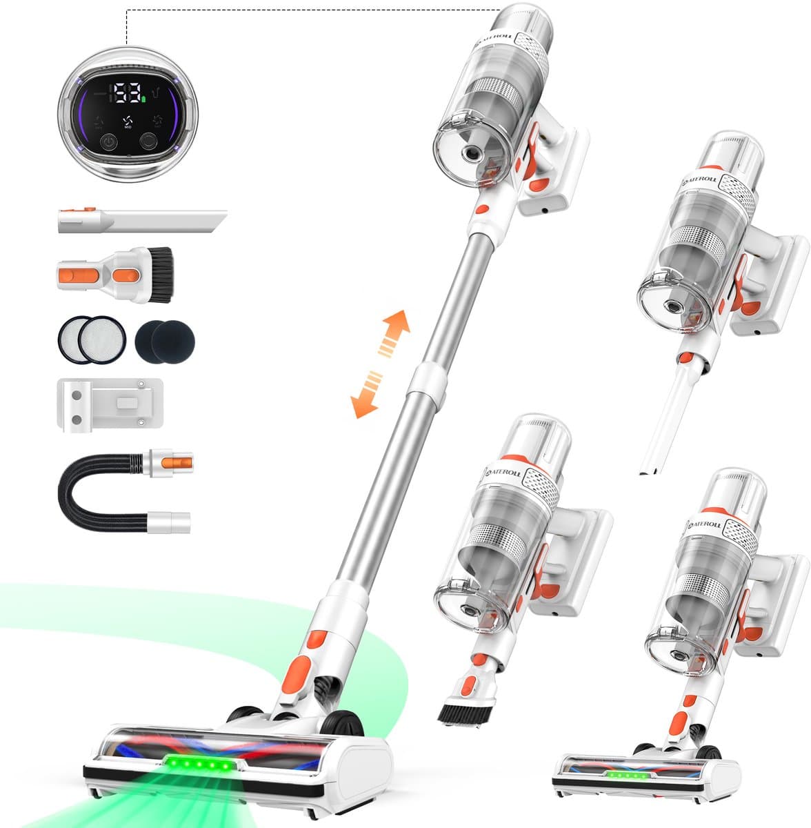 Ateroll Steelstofzuiger Draadloos – 85kPa Zuigkracht – Groene Laser – HEPA 12 Filter – Tot 85 Min Accuduur – Voor Huisdierharen - Zonder zak op accu - Wit — afbeelding 1