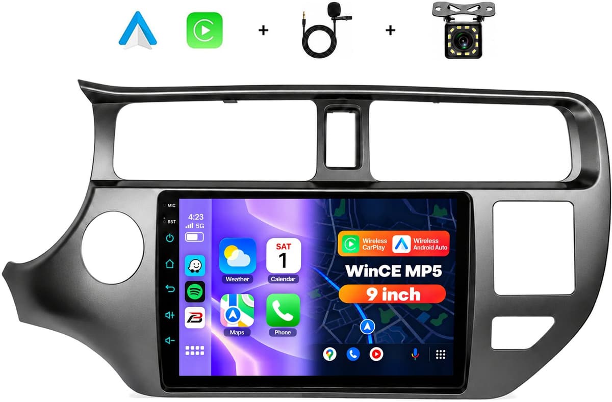 Boscer 2 Din Autoradio met Draadloos Apple CarPlay & Android Auto - Geschikt voor Kia Rio (2012-2014) - 9 Inch IPS Scherm - Bluetooth, Handsfree Bellen & FM Radio - Achteruitrijcamera & Microfoon — afbeelding 1