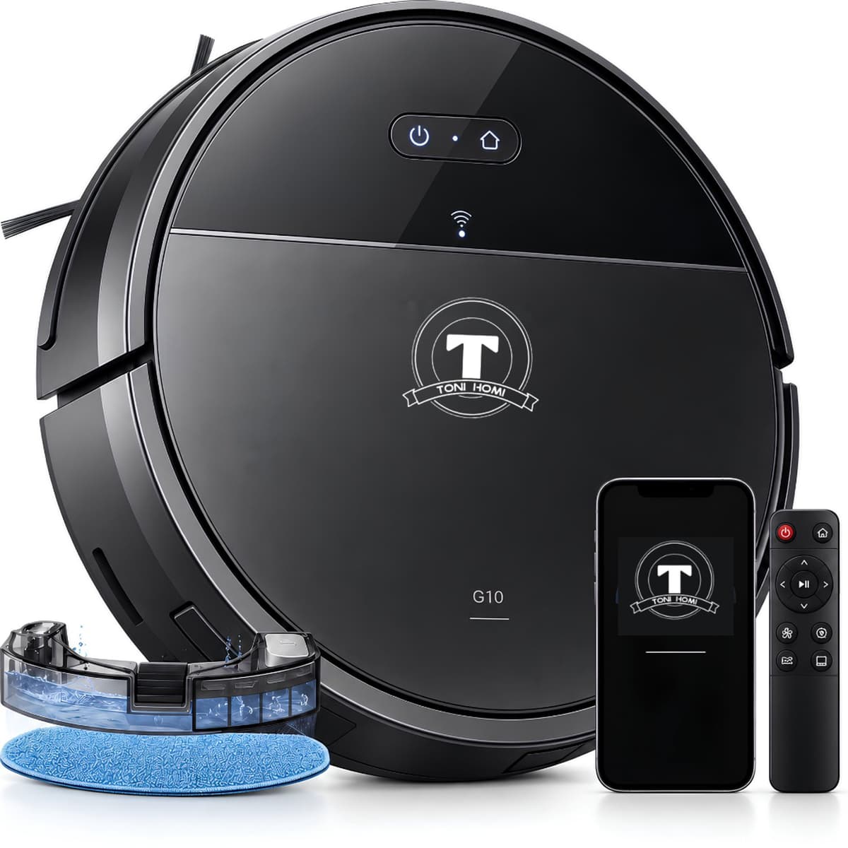 TONIHOMI® G10 - Robotstofzuiger met dweilfunctie - Automatisch opladen - Robotstofzuiger met app - Robotstofzuiger huisdieren - Dweilrobot - Zwart — afbeelding 1
