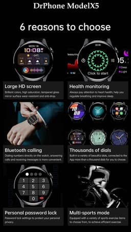 DrPhone ModelX5 - Metalen Smartwatch 46mm - Sport Mannen - Touchscreen - Berichten - Bluetooth Bellen - Nederlands - Zilver — thumbnail 2