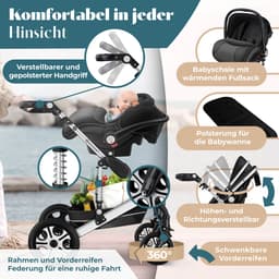 KESSER® Kinderwagen 3 in 1 Loops Wandelwagen Set incl. Autostoel & Reiswieg & Buggy Sportzitje - Massieve Rubberbanden - Luiertas / Regenhoes - Zwart / Zilver — thumbnail 4