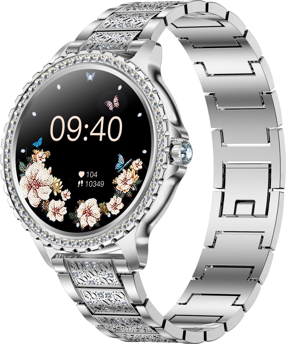 Stijl Ontmoet Slimheid: Knobbout 1.32” Smartwatch met Diamanten – Voor Vrouwen die Stralen! Bluetooth Bellen, Gezondheidstracker & AI Assistent- Zilver staal talen band met kristallen + extra siliconen band — afbeelding 1