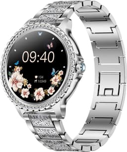 Stijl Ontmoet Slimheid: Knobbout 1.32” Smartwatch met Diamanten – Voor Vrouwen die Stralen! Bluetooth Bellen, Gezondheidstracker & AI Assistent- Zilver staal talen band met kristallen + extra siliconen band — thumbnail 1