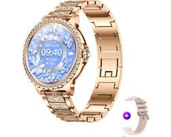 Stijl Ontmoet Slimheid: Knobbout 1.32” Scherm Roségouden Smartwatch met Diamanten – Voor Vrouwen die Stralen! Bluetooth Bellen, Gezondheidstracker & AI Assistent- Roségouden talen band met kristallen + extra siliconen band