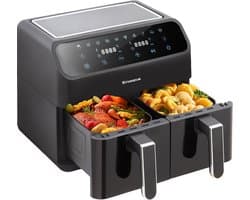 Dubbele Airfryer XXL 9L 901A- Digitale Airfryer 2×4.5L - 2000W - 10 Programma’s - Smart Finish & Match Cook - 80–200°C Instelbaar - Makkelijk te Reinigen – Capaciteit voor 5 Personen