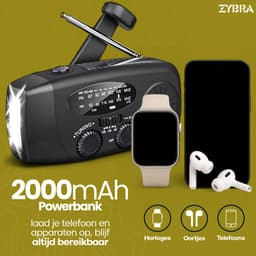 Zybra® Draagbare Noodradio - Powerbank 2000 mAh - Zaklamp - Solar opwindbaar - SOS alarm - USB-C kabel - Noodpakket - Kunststof - Zwart — thumbnail 4