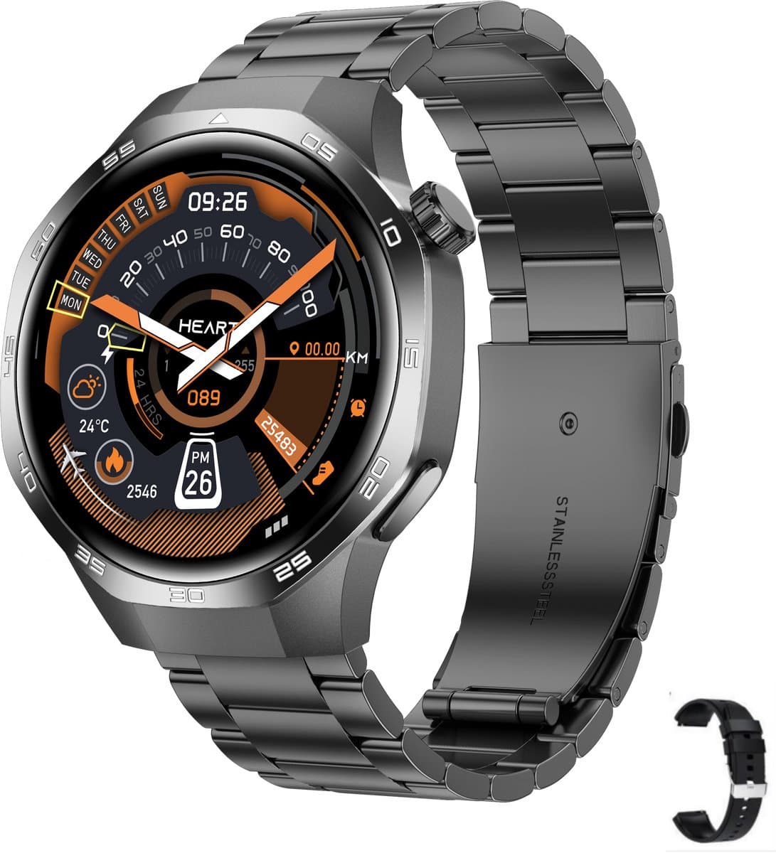 Knobbout 1.53" Scherm Stijlvolle Sport Smartwatch – NFC- Kompas, Hoogtemeter, Barometer-Bluetooth Bellen - Draadloos Opladen - hartslag, bloeddruk, zuurstofgehalte (SpO₂) - AI Assistent - medicatie innemen alert - Zwart staal + Siliconen Band — afbeelding 1