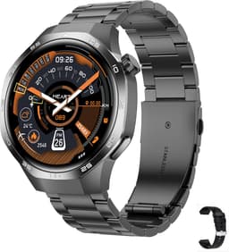 Knobbout 1.53" Scherm Stijlvolle Sport Smartwatch – NFC- Kompas, Hoogtemeter, Barometer-Bluetooth Bellen - Draadloos Opladen - hartslag, bloeddruk, zuurstofgehalte (SpO₂) - AI Assistent - medicatie innemen alert - Zwart staal + Siliconen Band — thumbnail 1