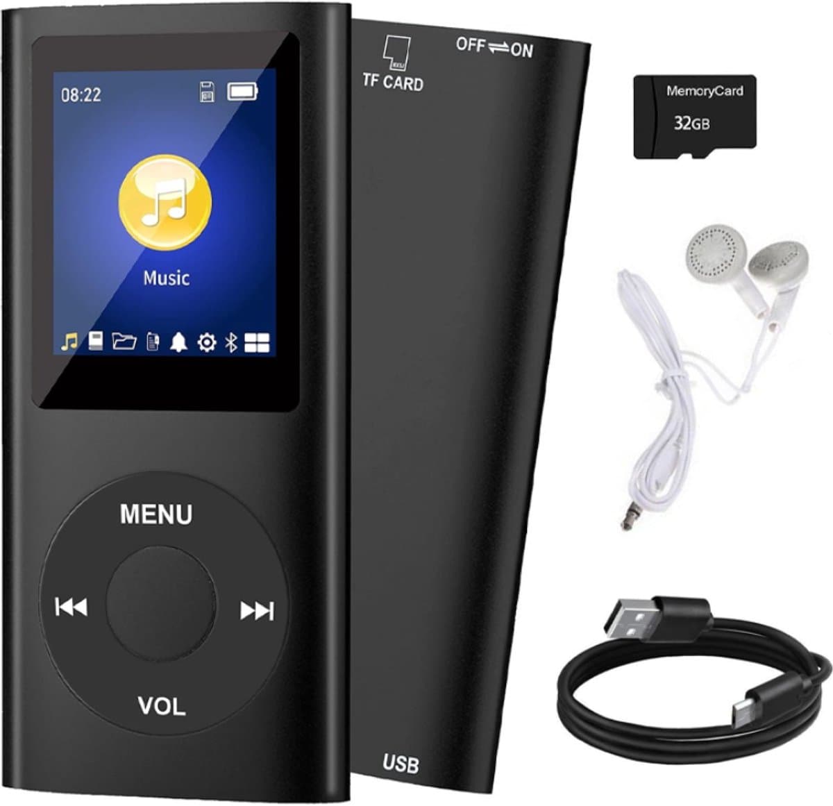 MP3 Speler - met Bluetooth - Incl. 32GB SD Kaart - Digitaal 1,8-inch LCD-scherm - USB - FM-radio - Spraakrecorder - E-book - Dicatafoon - Ideaal voor Sport, Kinderen en Volwassenen - Zwart — afbeelding 1