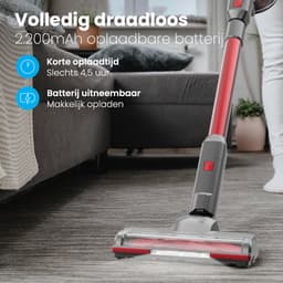 Auronic Steelstofzuiger Draadloos 220W - Draadloze Stofzuiger - HEPA Filter - Zelfstaand - Op Accu - Zonder Zak - Kruimeldief - Vacuum Cleaner - Grijs/Rood — thumbnail 3