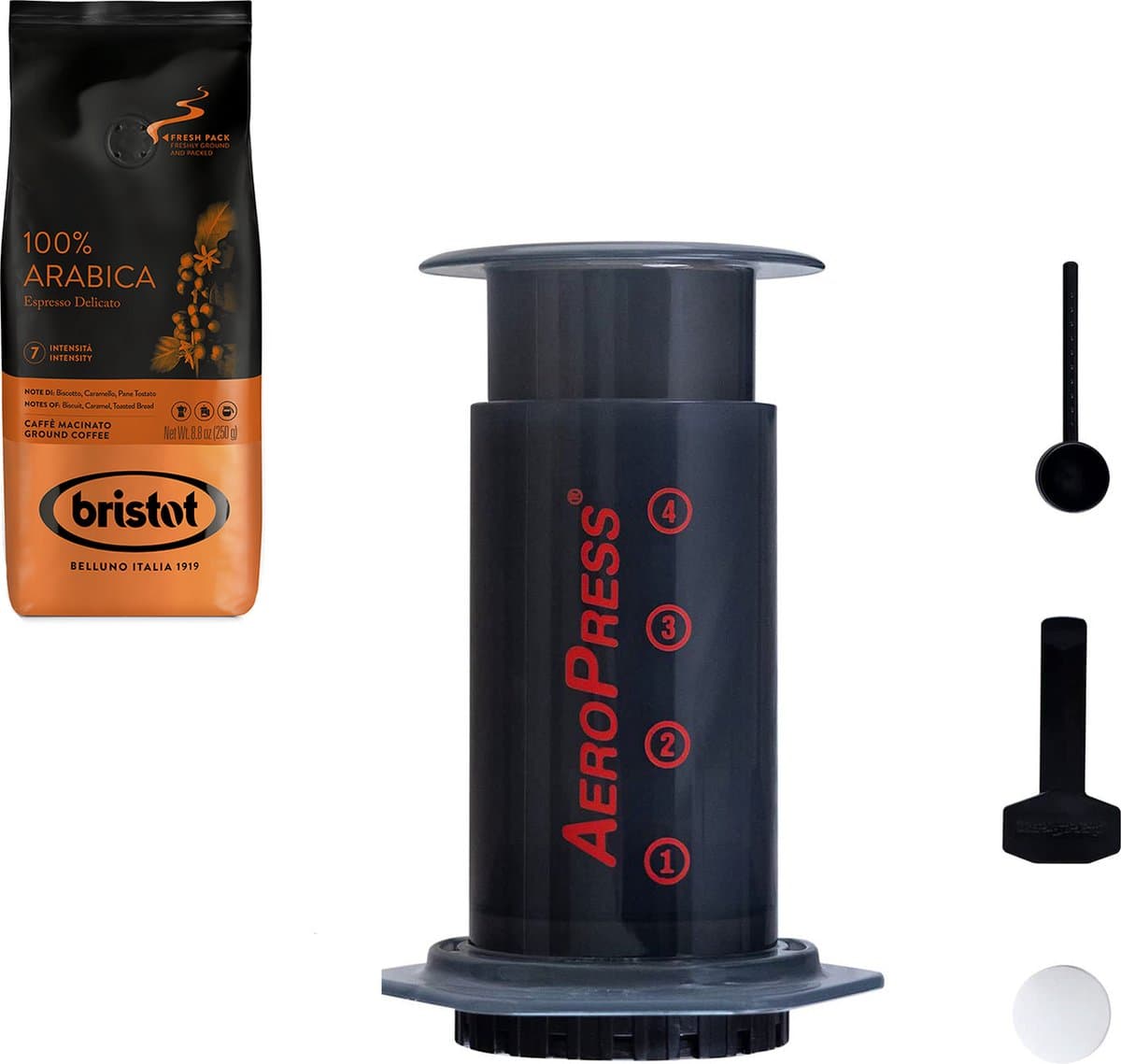 Aeropress Coffee Maker + Bristot 100% Arabica gemalen koffie 250gr — afbeelding 1