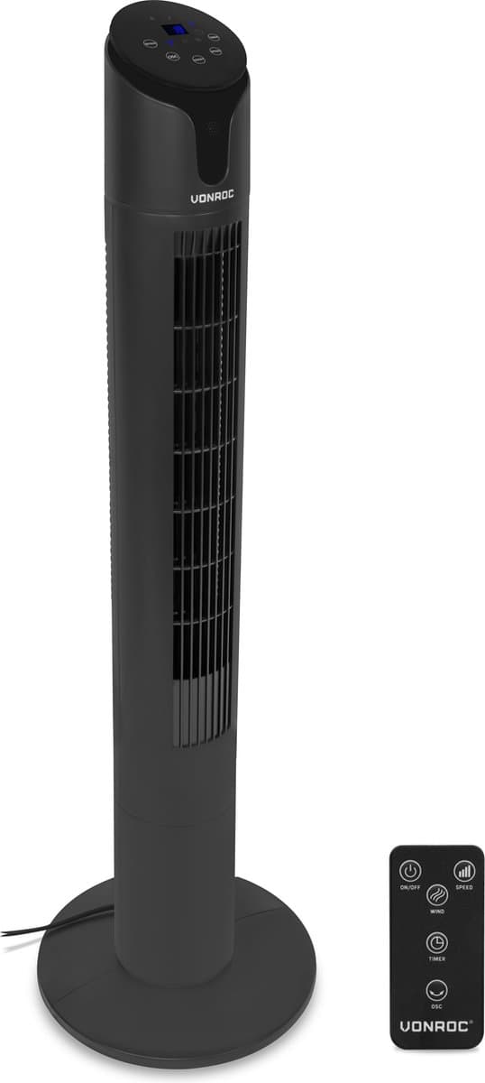 VONROC Luxe Ventilator - Torenventilator – hoogte 110 cm – Incl. afstandsbediening - 3 snelheden – zwenkfunctie - 15 uurs timer - zwart — afbeelding 1