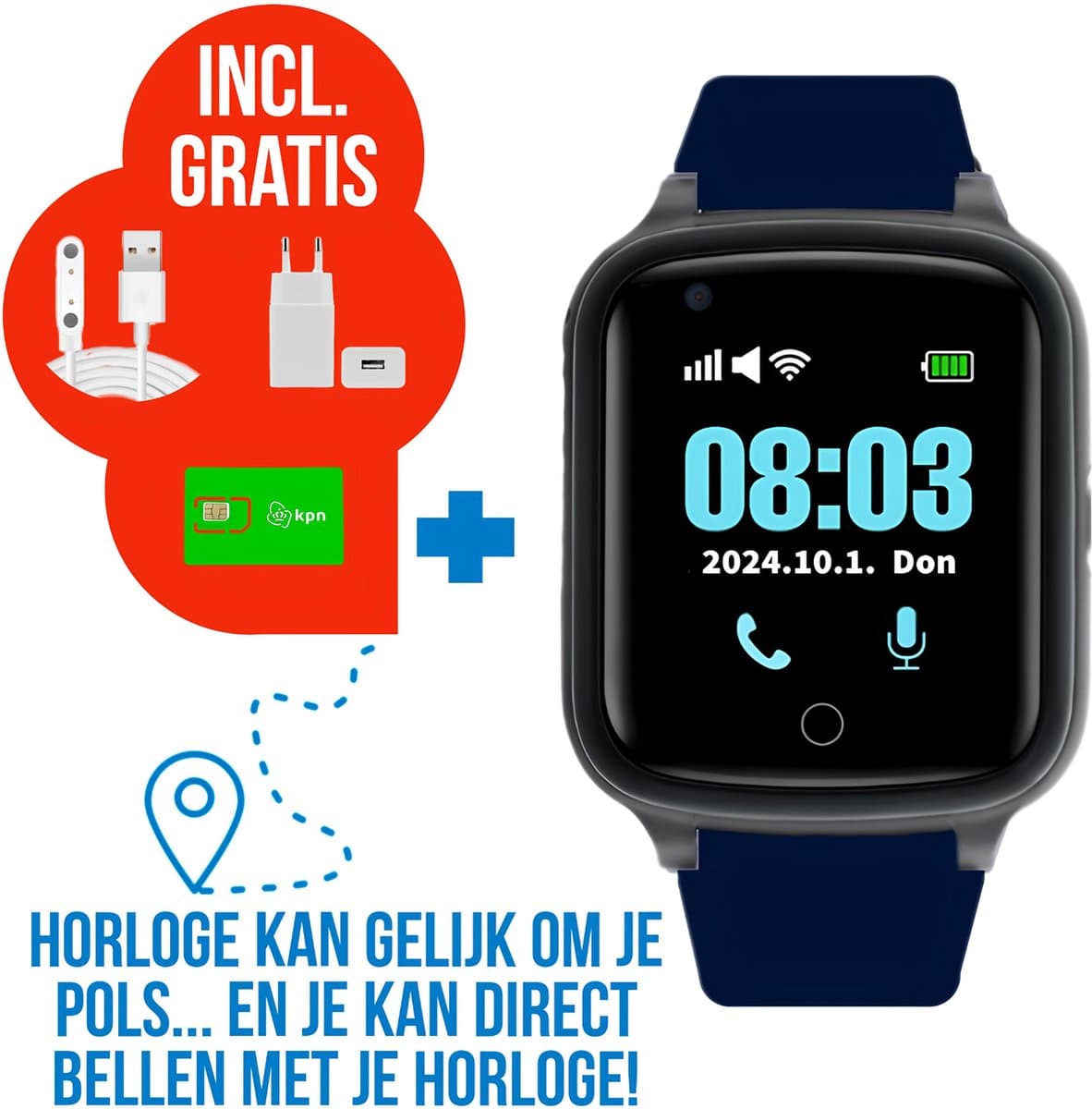 Wiesba WB73S - GPS Horloge Senior - Smartwatch voor Ouderen - Persoonlijke alarmen - alarm horloge ouderen - GPS Horloge Alzheimer - Valdetectie - Blauw — afbeelding 1