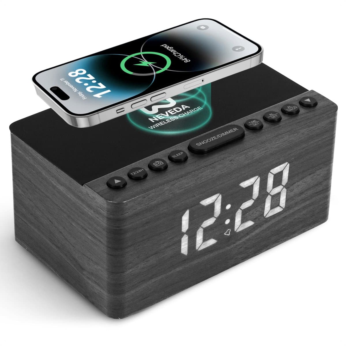 Neveda Digitale Wekkerradio Met Draadloze Oplader Telefoon - Wekkers digitaal op netstroom - Klokradio Slaapkamer - Voor kinderen & Volwassenen - Grijs Hout — afbeelding 1