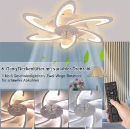 LuxiLamps - 6 Vleugel Ventilator Plafondlamp - Met Afstandsbediening - Wit - Dimbaar - Woonkamerlamp - Moderne lamp - Plafonniere — thumbnail 4