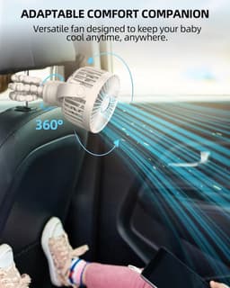 Draagbare mini kinderwagenventilator, oplaadbare persoonlijke ventilator, reisbenodigdheid voor babywagen, speelwagen, autostoel en loopband, fietsaccessoire, 360° draaibaar, 3 snelheden met display, beige — thumbnail 3