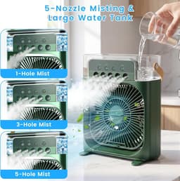 Draagbare airconditioner met ventilator, mini-verdampingskoeler met 5 sproeimondstukken, 3 windsnelheden, 3 timers, 7 kleuren LED-verlichting, 600 ml persoonlijke airconditioner/ventilator voor slaapkamer, kantoor en camping (groen) — thumbnail 4