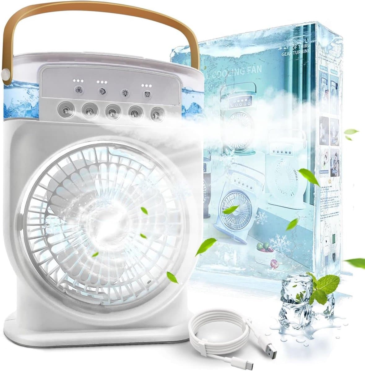 Mobiele airconditioning, stil, 4-in-1, luchtkoeler, mini met accu, mobiele airconditioning, zonder afvoerslang, draagbare airconditioning met verdampingskoeling, ventilator, type C met timer (wit) — afbeelding 1