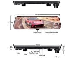 Dashcam voor Auto - 10 Inch Touchscreen Spiegelcamera - 1080P AHD Dashcam - Nachtzicht - Groothoek 170° - Parkeermodus - Inclusief 6M RCC BL - Zwart