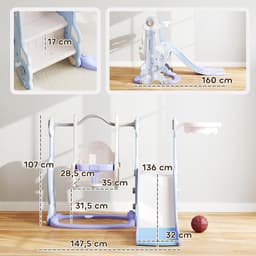 Rutsche 4-in-1 Kinderrutsche mit Schaukel, Basketballkorb, Klettergerüst, Kleinkinderrutsche mit Raketendesign Kinder Spielplatz für Indoor und Outdoor 1,5-4 Jahren Kinder Hellblau — thumbnail 4