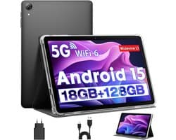 SnelShoppen - 10 Inch Tablet Android 15 met Case, Unisoc T30 Quad-Core, 18GB RAM, 128GB ROM, 1TB Uitbreiding, 1280x800 HD Scherm, 5MP + 8MP Camera, 60