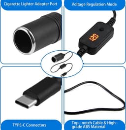 SnelShoppen - USB C naar 12V Sigarettenaansteker Adapter met LED Scherm en Schakelaar, Verstelbare Voltage 5V 9V 12V 15V 20V, 30cm voor GPS, Dashcam, — thumbnail 3