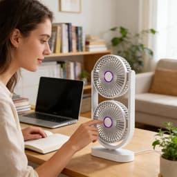 VHV - Ventilator - Tafelventilator - Dubbele Ventilator met Luchtcirculatie - Draagbare Desktop Fan met 360° Rotatie - Krachtige Oplaadbare Bureauventilator voor Kantoor en Huis - Wit — thumbnail 4