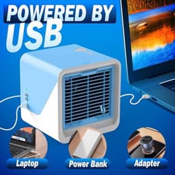 Draagbare luchtkoeler – 3-in-1 draagbare persoonlijke airconditioner – Watertank van 500 ml – 3 ventilatorsnelheden & ledverlichting in 7 kleuren – Ventilator met verdampingskoeling (USB-voeding) – Geschikt voor kamers, bureaus en kantoren – Blauw — thumbnail 4