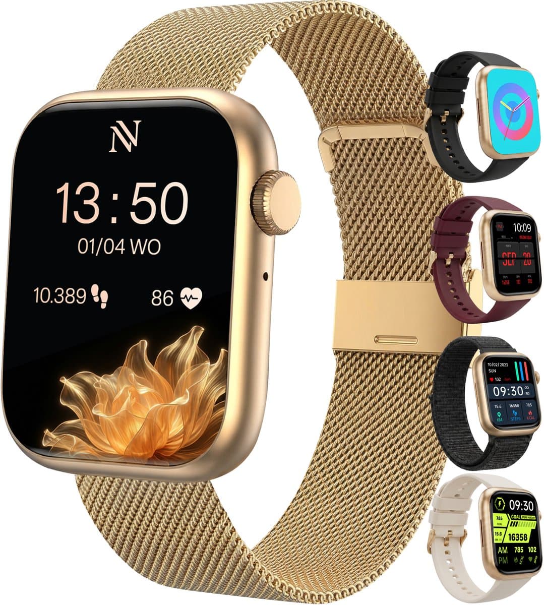 Nuvance Smartwatch Dames - Stappenteller Horloge Dames - Hartslagmeter - Sporthorloge - Geschikt voor iOS/Android - Incl. 5 Bandjes - Goud — afbeelding 1